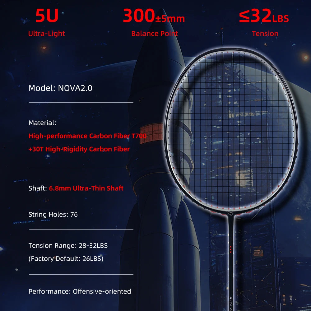 5U Badminton Racket, Black Electroplated Silver, T800+30T 100%Full Carbon Fiber, 6.8mm Shaft, Secondary Molding, G6, max≤32lbs